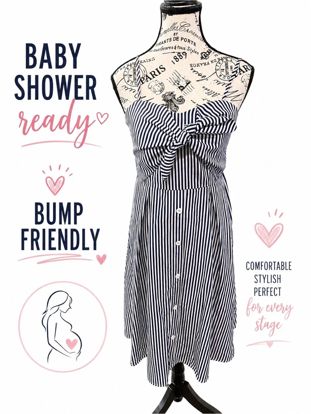 Maacie Maternity Dress-Medium Blue White Stripe Bow Front Midi - Picture 1 of 7